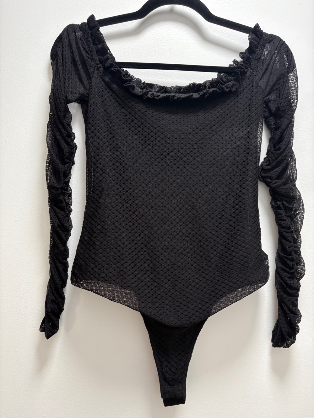 NBD Black Ruffled Square Neck Long-Sleeve Bodysuit Whimsigoth Lace Grunge Indie